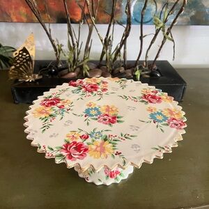 Grace Tea Ware Cake Plate Stand Floral Pedestal Gold Trim Scalloped Edges Riser
